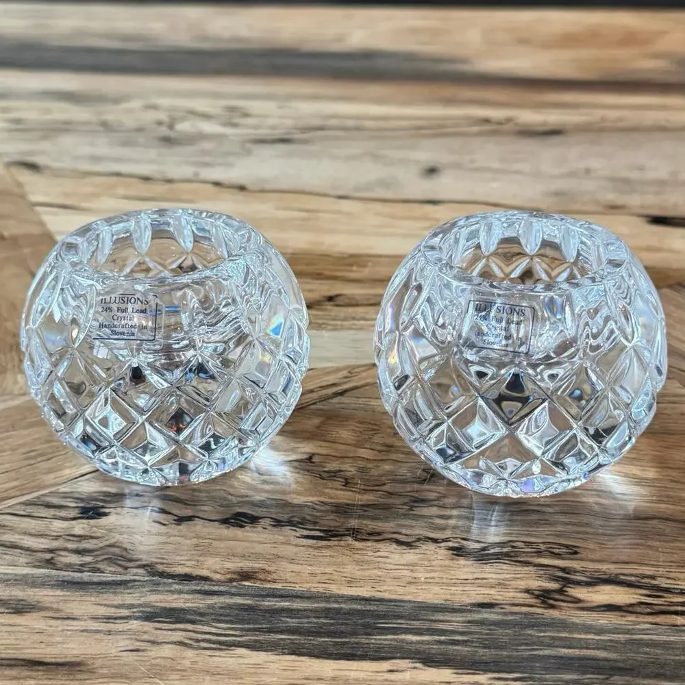 Pair VTG Illusions Samobor 24% Lead Crystal Votive Candle Holder Rose Bowl Set 2